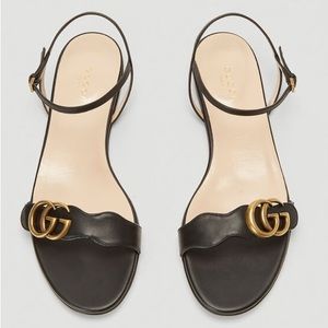 Gucci Black Marmont GG Gold Logo Leather Flat Ankle Strap Sandals